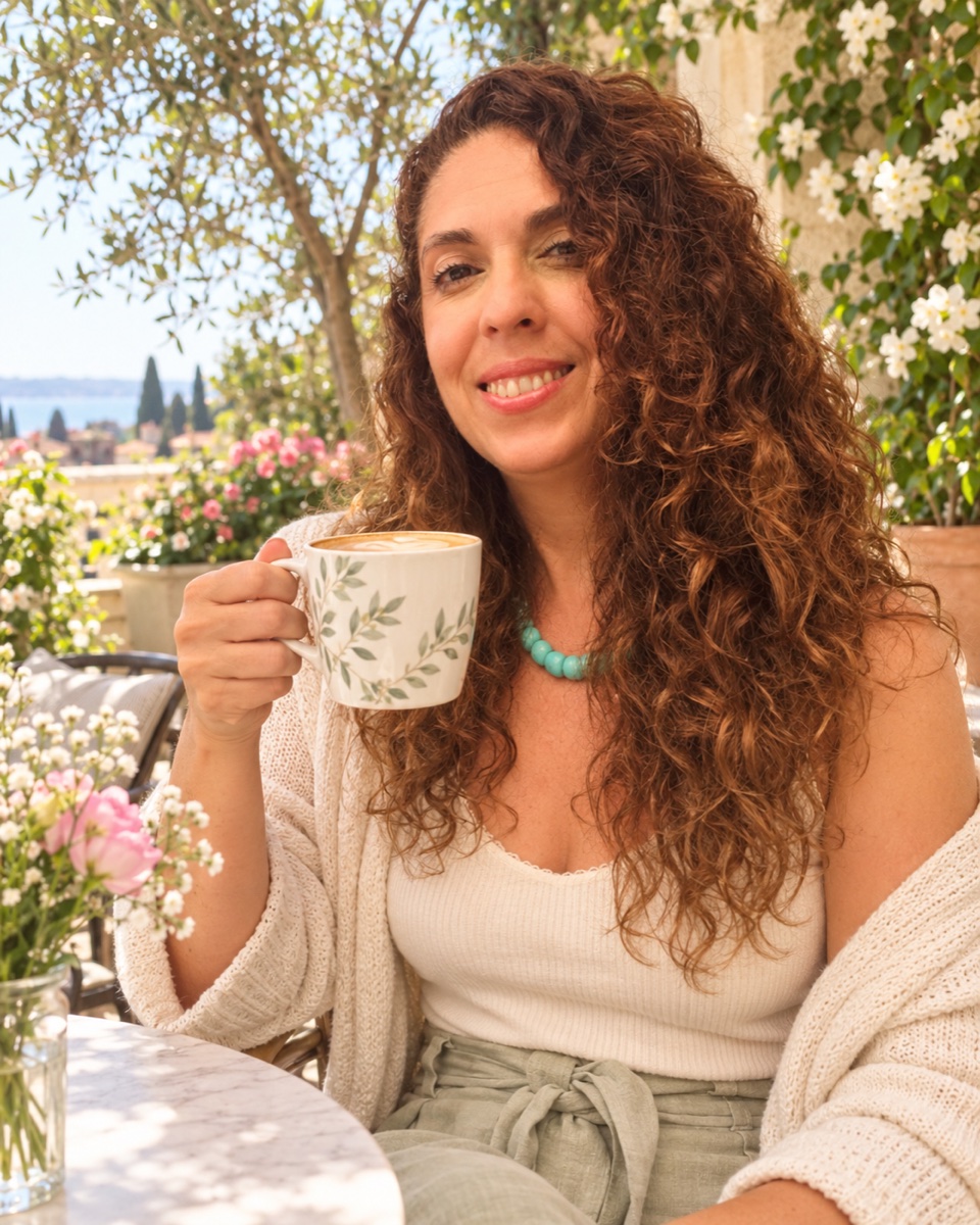 Claudia Contreras sonriendo con una taza en una terraza